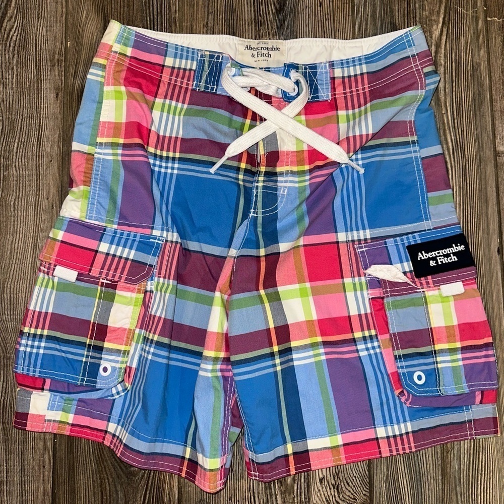 Abercrombie & Fitch Swim Colorful Plaid Board Shorts Fully Lined Pockets Medium